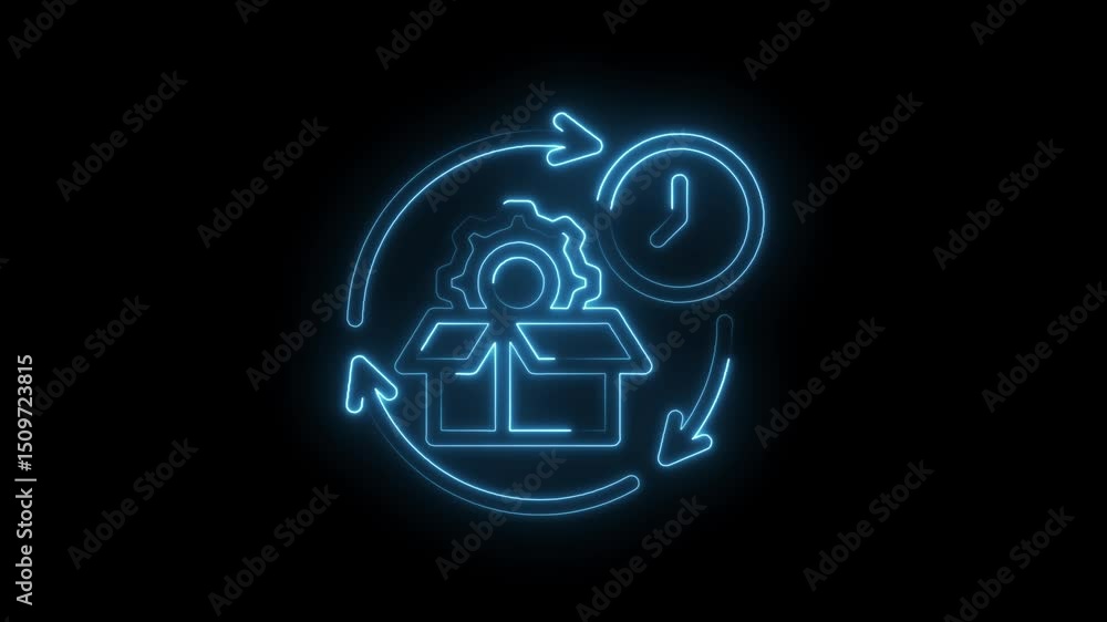 Poster neon product packaging solution loop with a cogwheel and clock on a black background