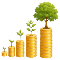 Financial Growth Concept Trees Growing on Increasing Stacks of Coins isolated on Transparent Background