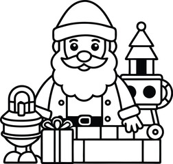 Santa in a toy workshop line art vector illustration