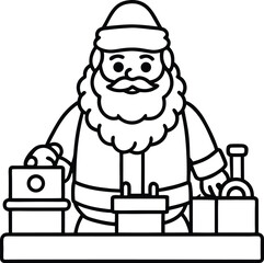 Santa in a toy workshop line art vector illustration