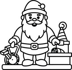Santa in a toy workshop line art vector illustration