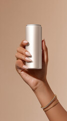 A woman's hand with beautiful jewelry holding a tall thin, 16oz sleek, white beverage Can, a beige background, a light brown color scheme.
