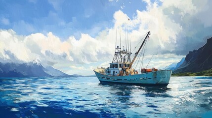 Obraz premium Fishing boat on tranquil ocean