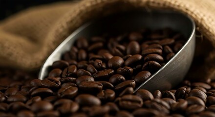 Fototapeta premium Macro of roasted coffee beans spilling from a scoop