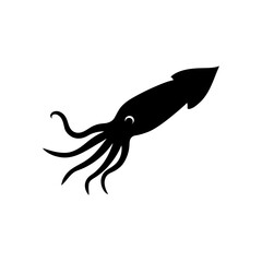 A Black Silhouette Vector Illustration of a Swimming Squid from a Side Profile