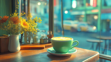Matcha latte on table surrounded by peaceful cafe ambiance and minimal interior design style
