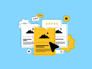 Marketplace SEO - optimized product listings and e-commerce SEO strategies. Improve visibility and search rankings on online marketplace. Digital marketing strategy vector illustration