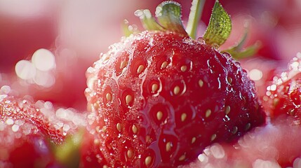 A vibrant close up of a dew kissed strawberry promising summer s sweetness on a hot afternoon with refreshing moisture