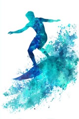 Naklejka premium colorful watercolor silhouette of a surfer catching a wave, blue and turquoise splash over white canvas