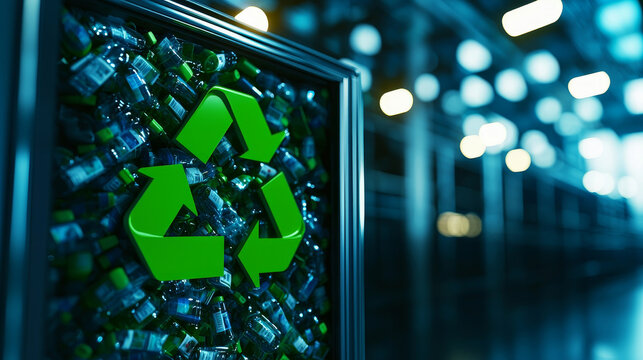 Recycling symbol surrounded by batteries in a modern setting