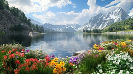 Scenic mountain lake with vibrant flowers. Lush greenery, serene water, snow-capped peaks