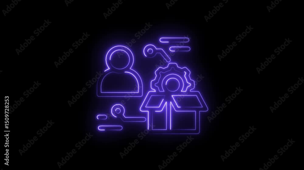 Poster glowing neon line user interface with gearbox in box customer support animation