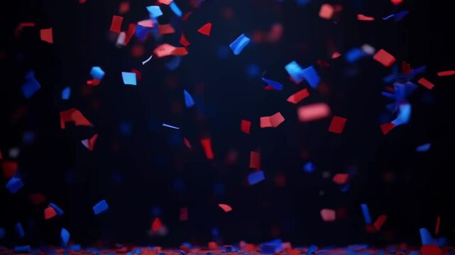 Festive red and blue confetti falling against a dark background. Celebratory atmosphere. Concept of elections, patriotism, national events, celebration, joyous event, party. Copy space. Motion