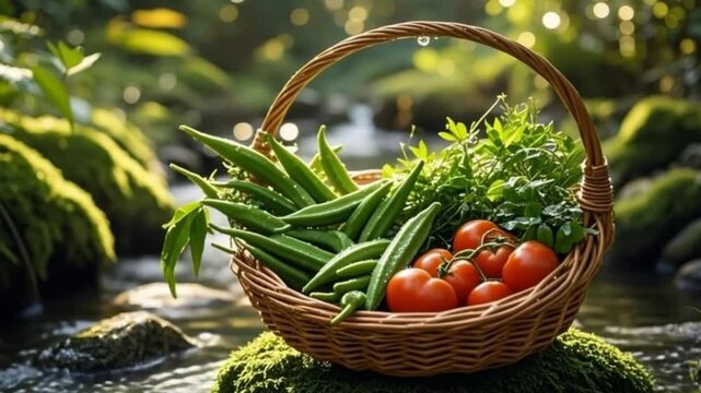 Golden Morning Harvest by Woodland Stream &ndash; Dewy Vegetables in Rustic Basket Amid Sunlit Forest Serenity  4K video background