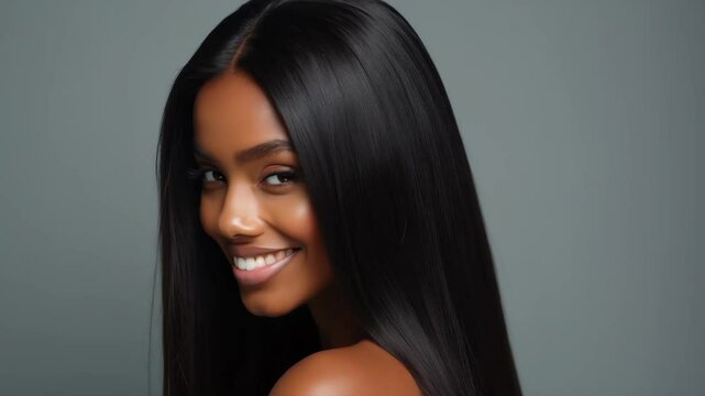 Fashion african american woman with shiny and straight dark long hair on grey background. Keratin straightening. Treatment, care and spa procedures. Beauty products, hair shampoo or conditioner