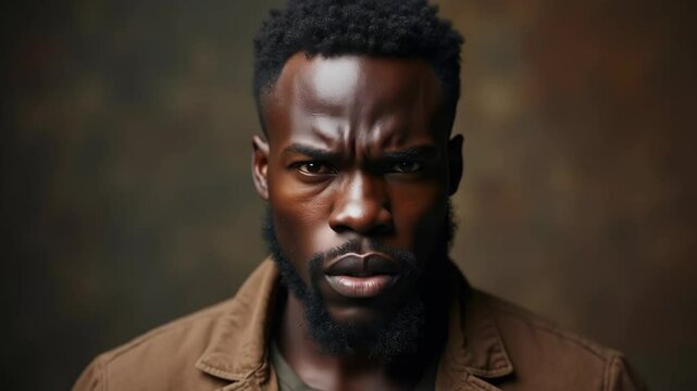 Black man looking at camera in celebration mode for Black History month of slaves. An angry black slave in American history. Black African man in the 19th century