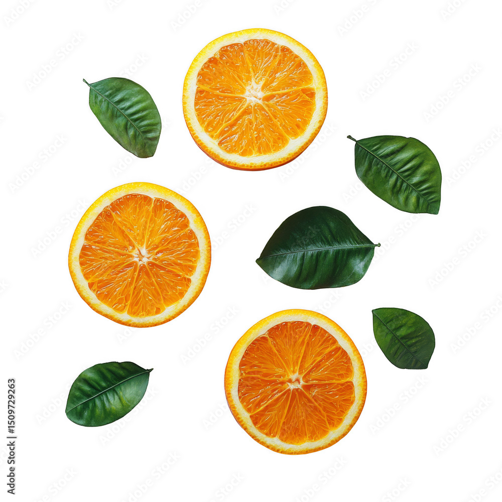 Poster three orange slices and five green leaves arranged in a circular pattern.