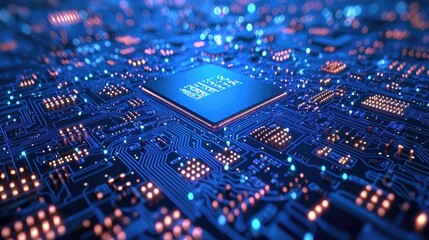 Fototapeta premium Close-up view of a complex electronic circuit board with a central microprocessor.
