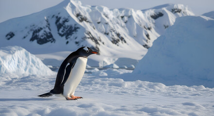 Obraz premium A penguin walking on ice with distant snow-covered cliffs in the background