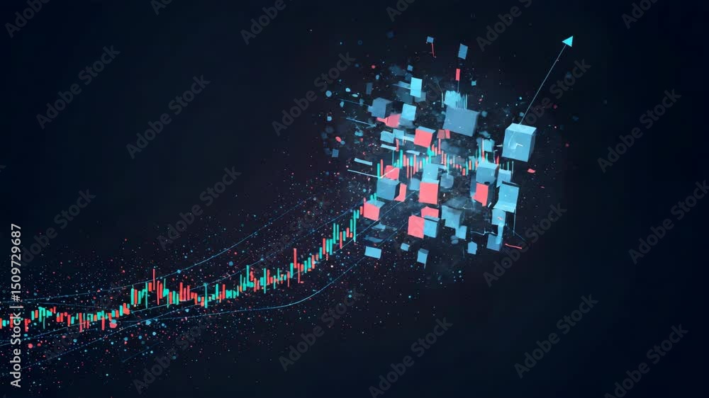 Poster abstract animation of rising stock chart with floating geometric shapes