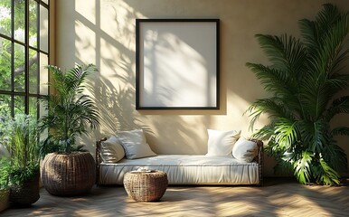 Cushioned Bench Interior Mockup with Plants and Blank Frame


