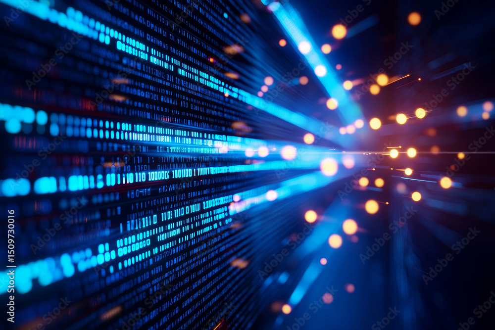 Poster vibrant digital data streams with glowing blue and orange lights. cybersecurity data protection and 