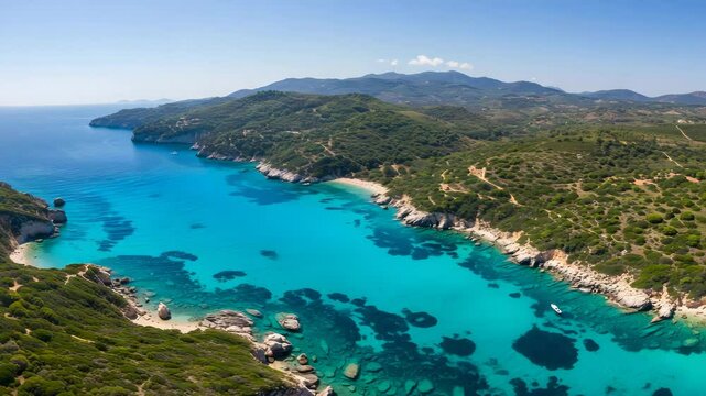 Aerial Turquoise Bay View Lush Greenery And Rocky Shores Clear Blue Water Under Sunlight