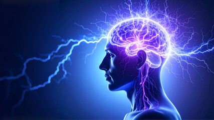 A glowing electric-blue and purple brain with intricate neural pathways pulsates with activity. Lightning-like currents surround the brain, symbolizing thought processes, cognition, and the dynamic en