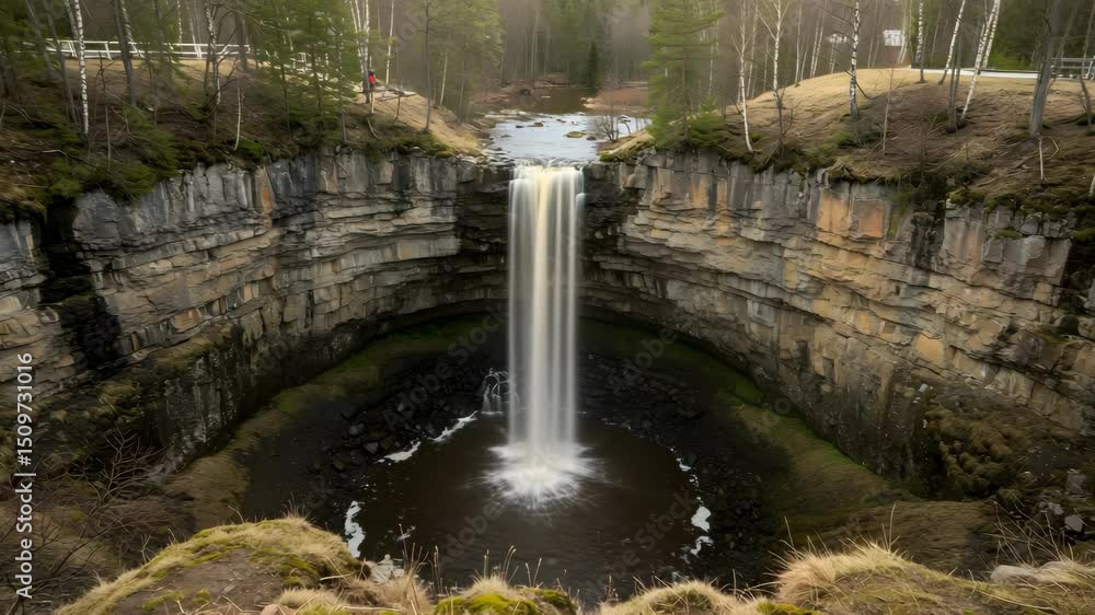 Poster aerial view of waterfall cascading into a circular pool surrounded by layered cliffs during daytime