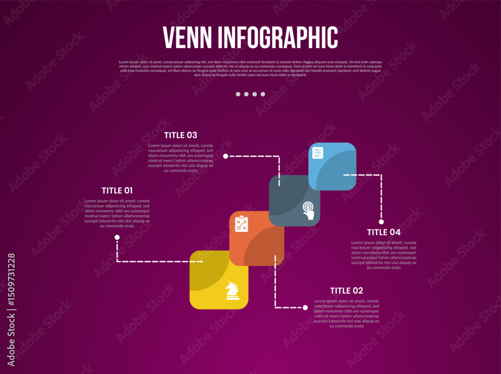 Wall mural venn diagram infographic with round square shape ladder step staircase with 4 point dark background 