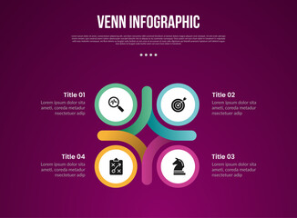 venn diagram infographic with circle and round rectangle connection with matrix structure with 4 point dark background style for slide presentation