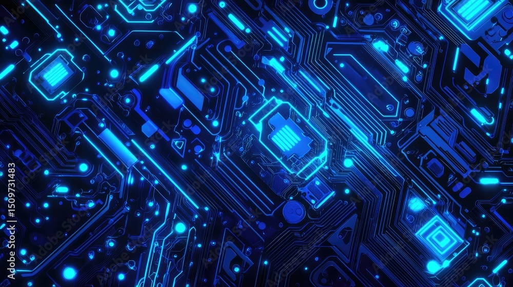 Poster intricate circuit board pattern illuminated with bright blue light.