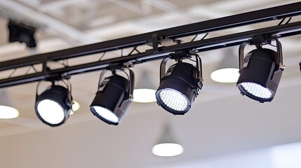 Track-mounted spotlights illuminate a room.