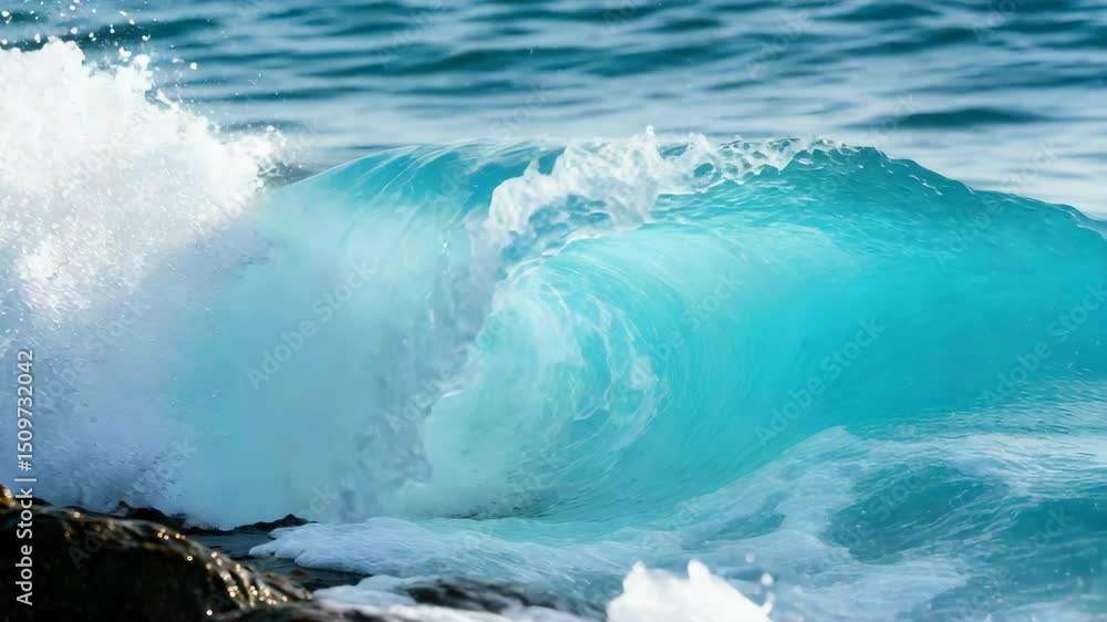 Poster dynamic turquoise ocean wave crashing over dark rocks creating water splash texture