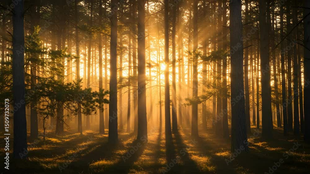 Poster golden sunlight streaming through forest trees creating dark shadows