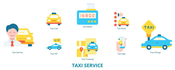 Taxi Service Flat Banner Web Icon Set Vector Illustration, Taxi Service Cab VIP Meter Tracking Rank App Pickup 