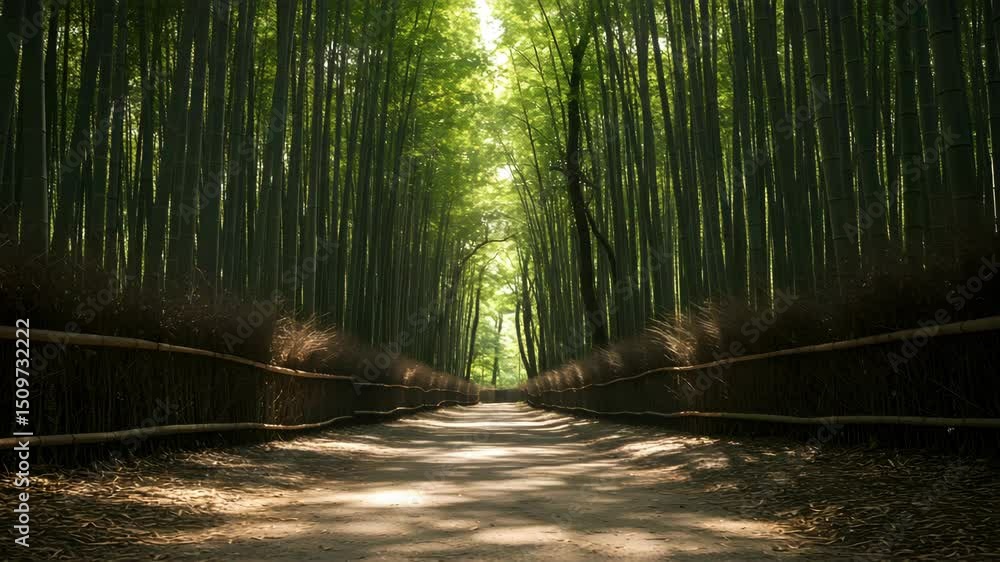 Poster green bamboo forest path sunlight filtering through tall trees creating tranquil scene