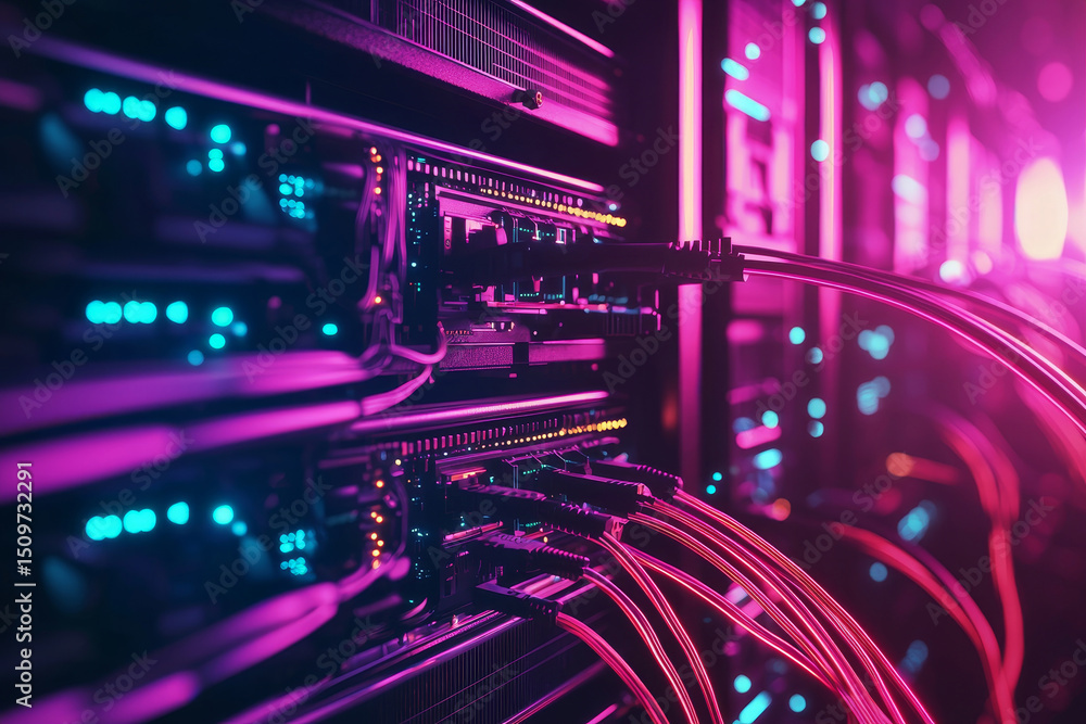 Poster abstract view of illuminated server cables in a modern data center.