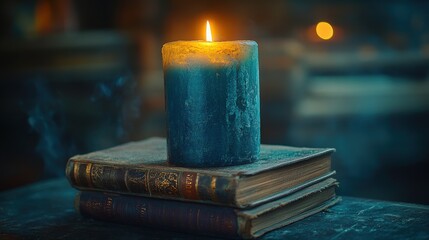 Candle Burning on Stack of Old Books in Cozy Library Setting