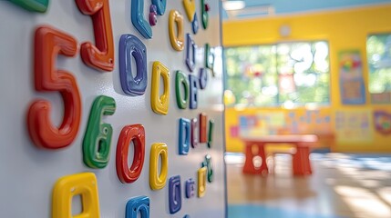 Colorful learning with playful magnetic numbers on the wall of a sunny kindergarten classroom filled with light and