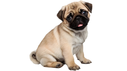 A tan pug puppy sitting with its head tilted isolated on transparent background