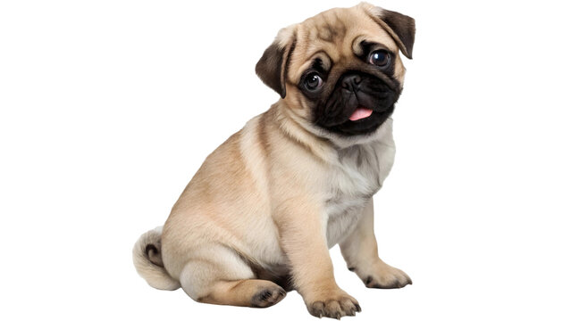 A tan pug puppy sitting with its head tilted isolated on transparent background