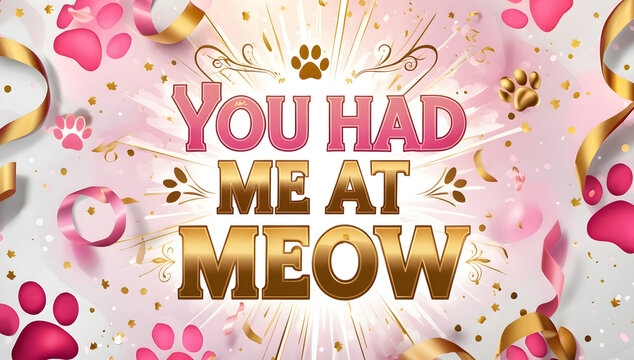 Festive pink and gold design featuring the phrase "You Had Me at Meow," surrounded by paw prints, confetti, and ribbons. Perfect for cat lovers!