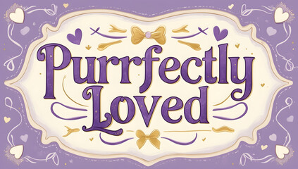 Purple and gold hand-lettered design reading "Purrfectly Loved," adorned with hearts, bows, and whimsical flourishes. Perfect for pet-related projects or Valentine's Day.