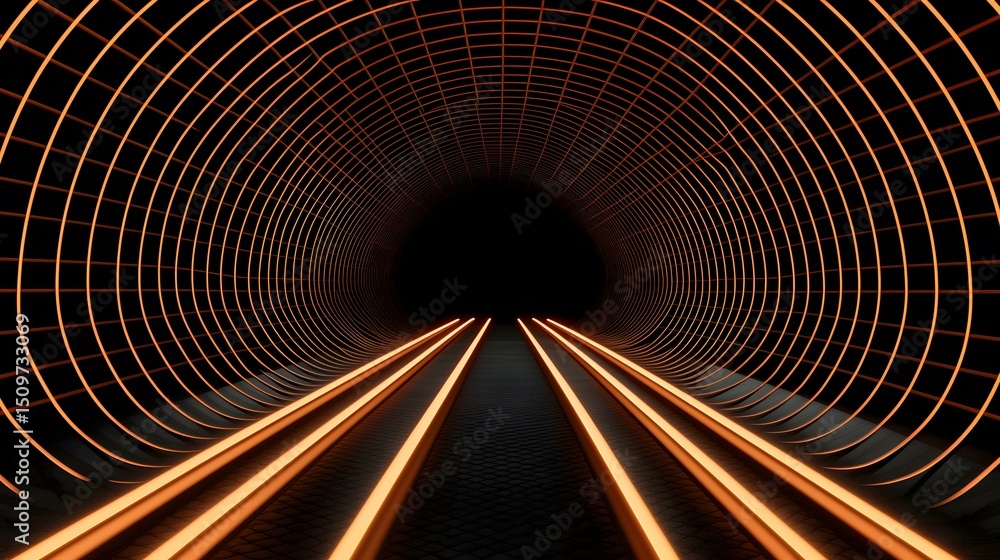 Poster the image shows a dark tunnel with an orange grid pattern on the walls and three glowing orange line