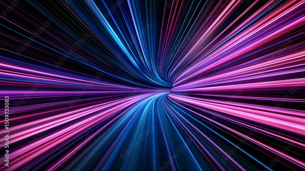Poster the image contains an abstract representation of a tunnel or vortex composed of vibrant streaks of p