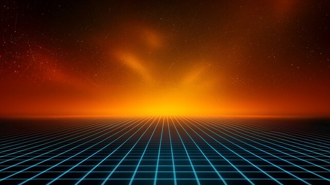 A digital rendering of a glowing teal grid receding into a fiery orange sunset, evoking a retro futuristic aesthetic.