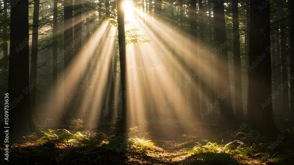 Poster sunlight penetrates forest canopy creating a golden atmospheric display with beam rays and green und