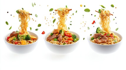 Three white bowls of instant noodles, each with a different mix of vegetables and protein, and noodles suspended in mid-air above them