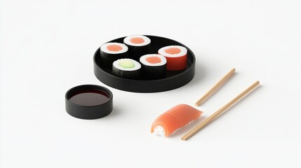 Sushi platter with soy sauce and chopsticks